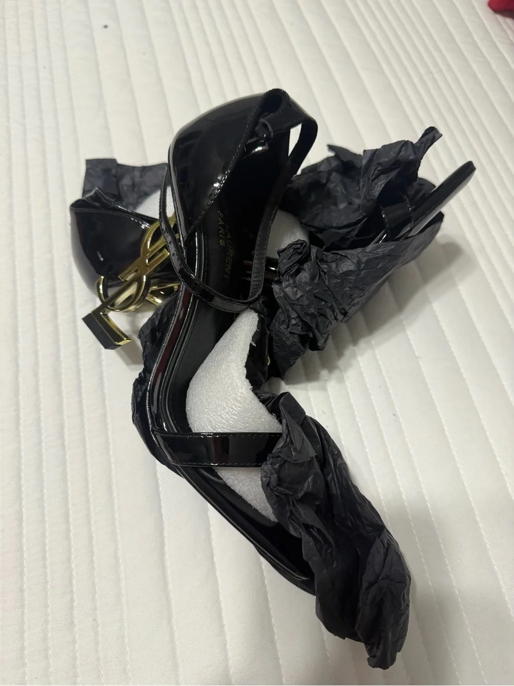 Saint Laurent Black Patent Leather Ankle-Strap Sandals with Gold YSL Logo Heels - Picture 8 of 8